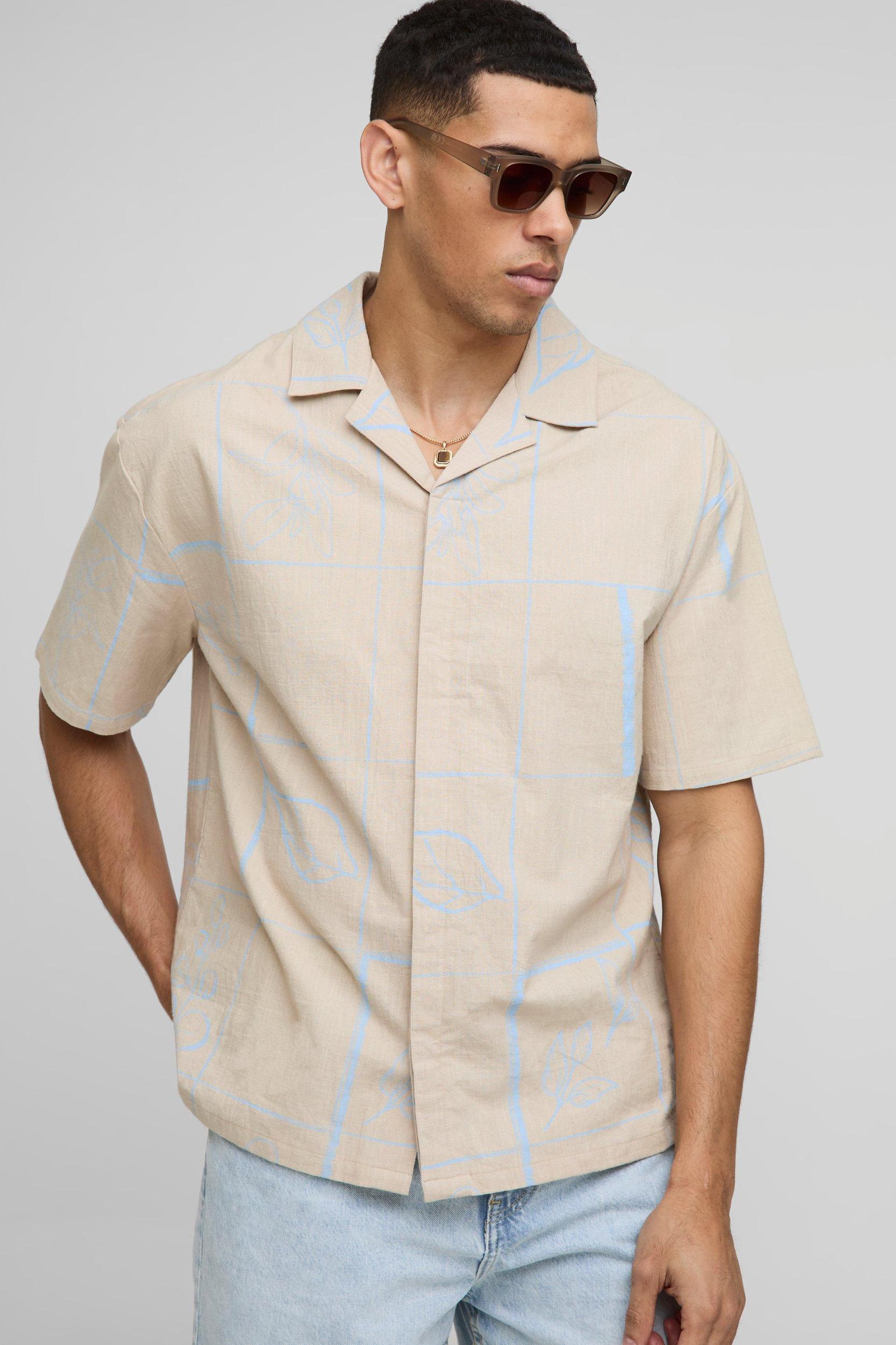Oversized Linen Look Printed Short Sleeve Shirt | boohooMAN USA Product Image