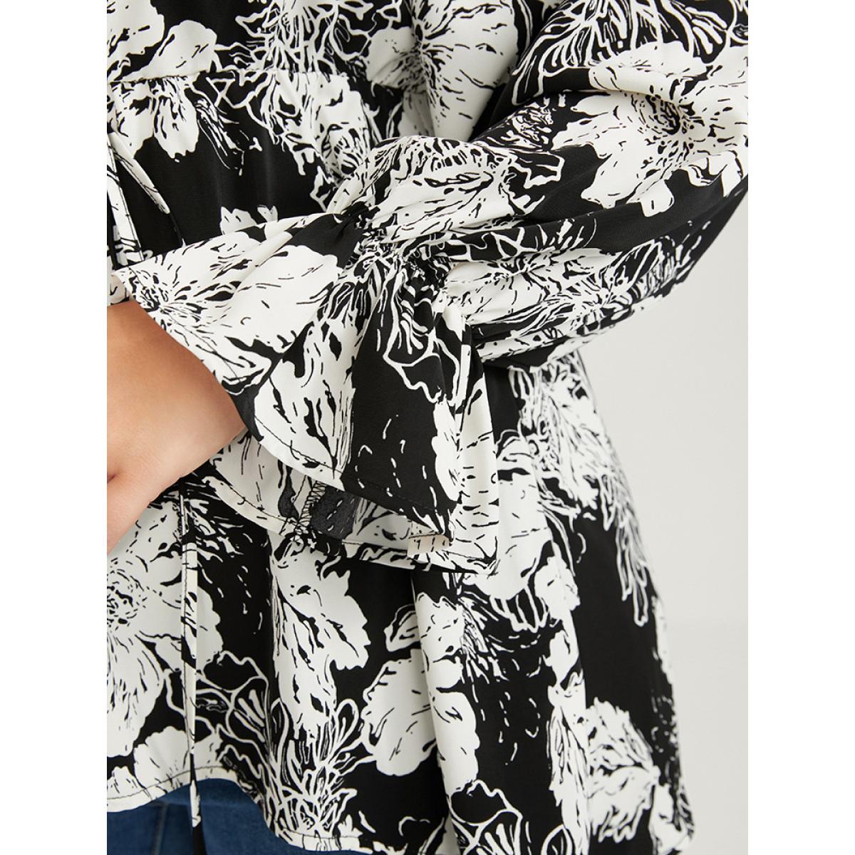 Plus Size Black Floral Lantern Sleeve Tie Up Asymmetrical Hem Wrap Blouse Women Elegant Long Sleeve V-neck Dailywear Blouses BloomChic 22-24/3X Product Image