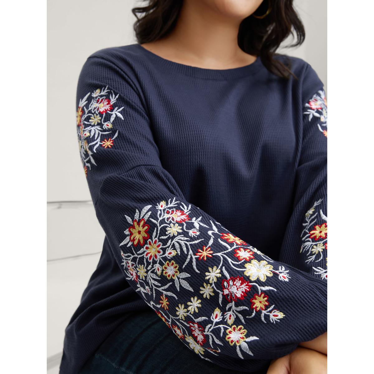 Plus Size Waffle Knit Floral Embroidered Lantern Sleeve T-shirt Indigo Women Leisure Texture Floral Round Neck Casual T-shirts BloomChic 10/M Product Image