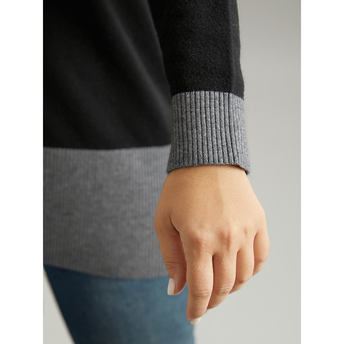 Plus Size Supersoft Essentials Contrast Deep V Neck Button Detail Pullover Black Women Casual Long Sleeve Deep V-neck Everyday Pullovers BloomChic 30/6X Product Image