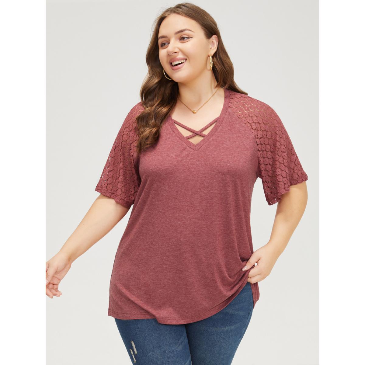 Plus Size Plain Lace Raglan Sleeve Heather Crisscross Neck T-shirt Russet Women Elegant Patchwork Plain V-neck Dailywear T-shirts BloomChic 12/L Product Image