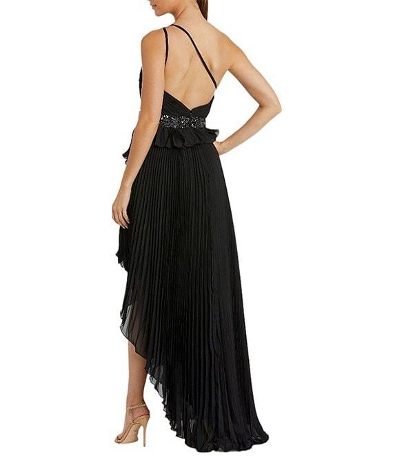 Mac Duggal One Shoulder Pleated Chiffon Beaded Waist Hi Low Gown Product Image