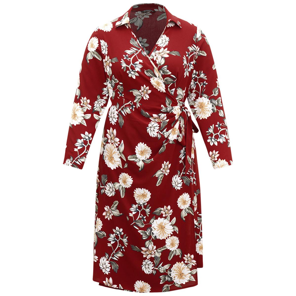 Plus Size Floral Print Knotted Shirt Collar Dress Scarlet Women Elegant Printed V-neck Long Sleeve Curvy Midi Dress BloomChic 22-24/3X Product Image