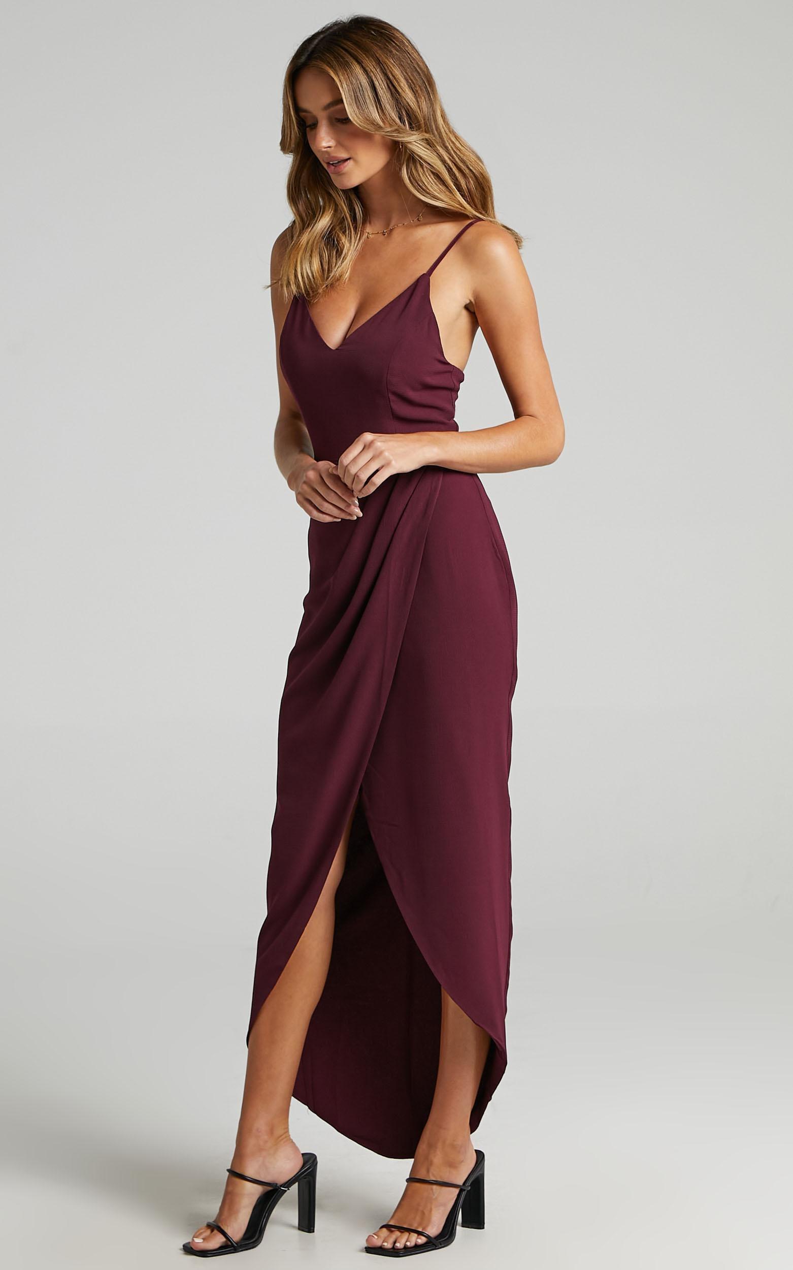Lucky Day Midi Dress - V Neck Drape Dress in Wine Product Image