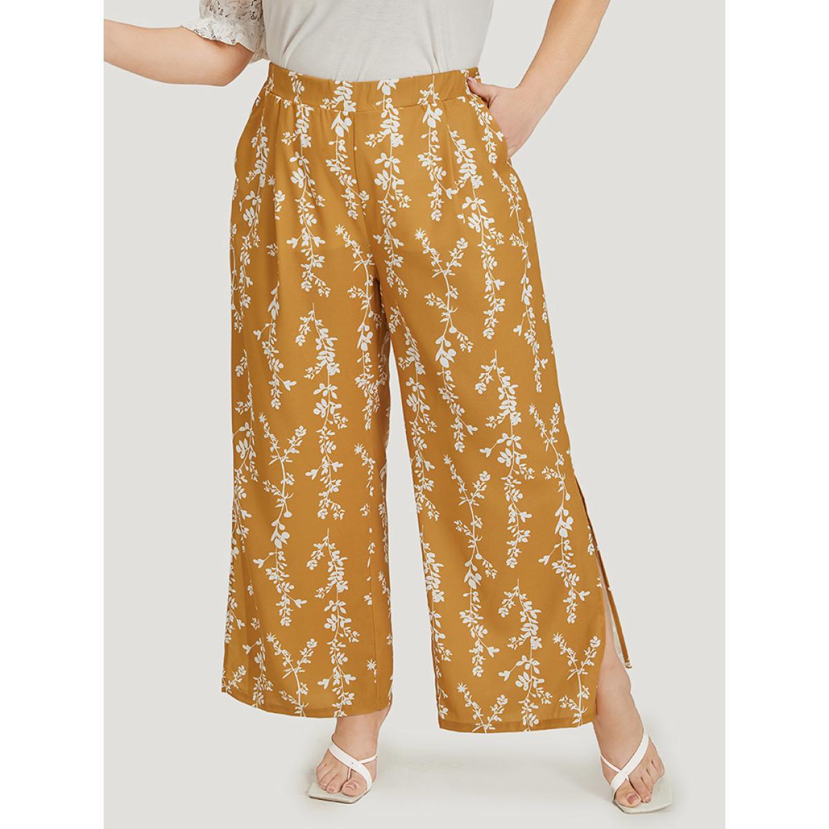 Plus Size Silhouette Floral Print Pocket Split Side Pants Women Yellow Elegant Straight Leg High Rise Dailywear Pants BloomChic 14-16/1X Product Image