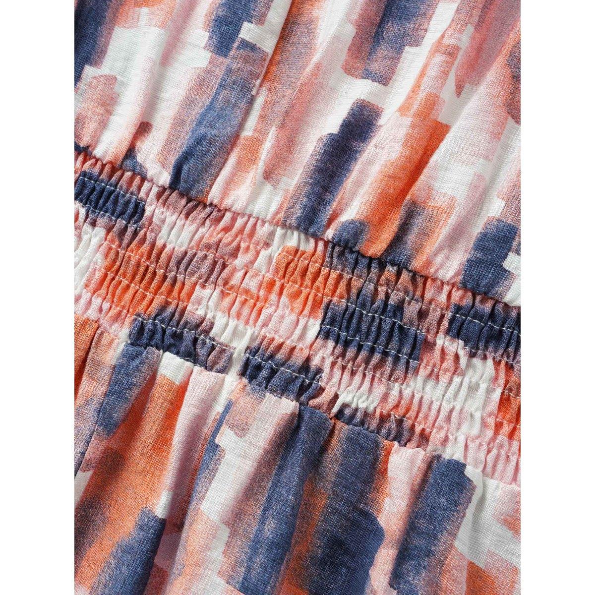 Plus Size OrangeRed Brush Print Shirred Split Neck Blouse Women Casual Half Sleeve Flat collar with V-notch Everyday Blouses BloomChic 28/5X Product Image