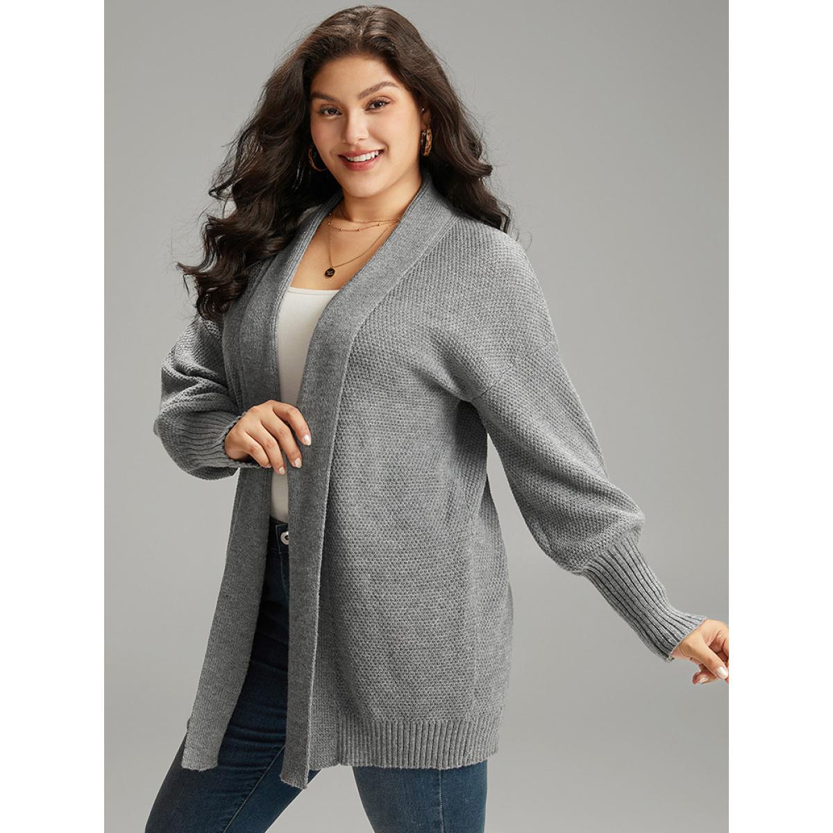 Plus Size Plain Open Front Elastic Cuffs Cardigan DarkGray Women Casual Loose Long Sleeve Dailywear Cardigans BloomChic 12/L Product Image