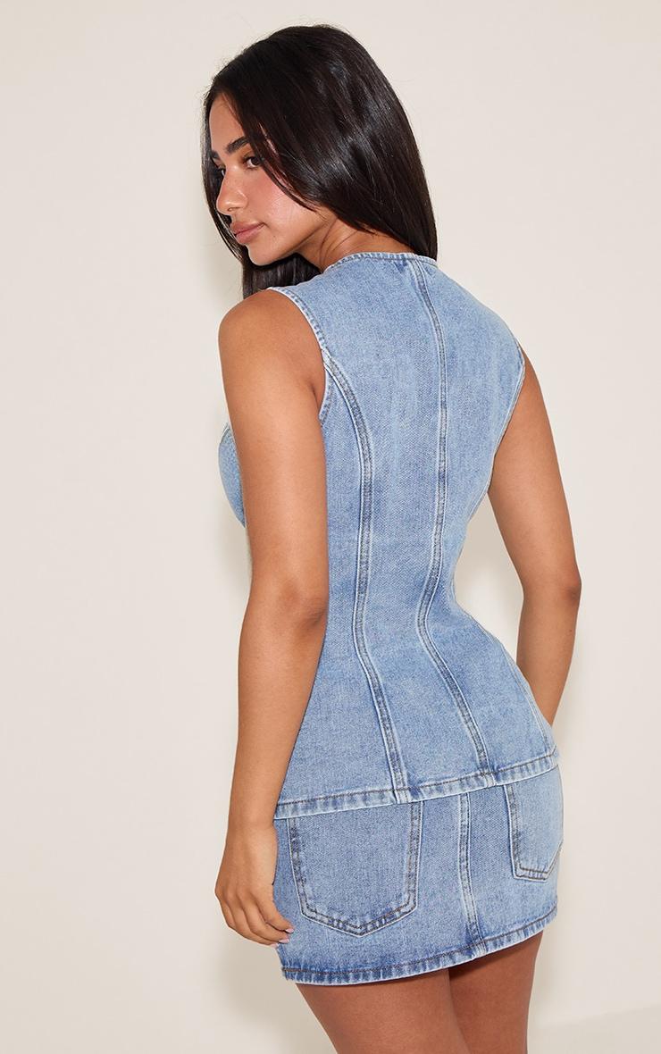  Petite Light Blue Wash Trim Detail Denim Vest Top Product Image