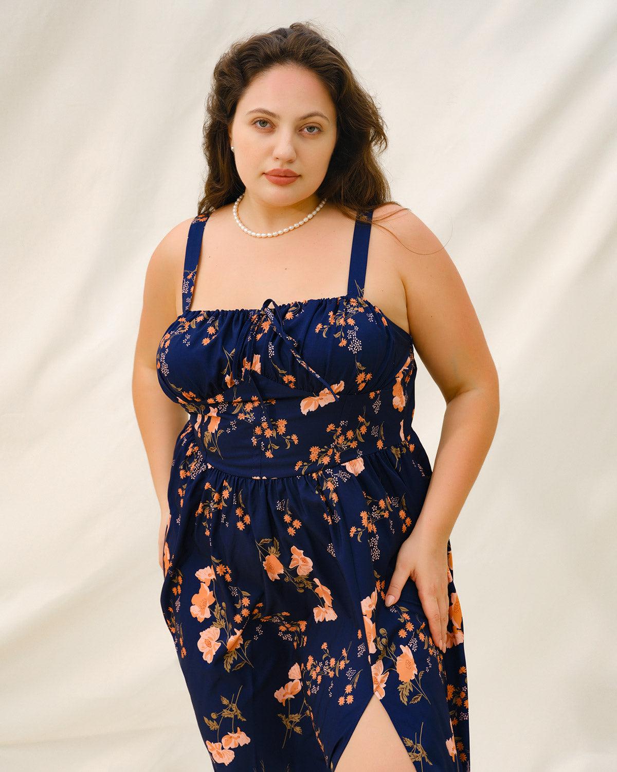 Navy Floral Ruched Plus Size Slip Midi Dress Product Image