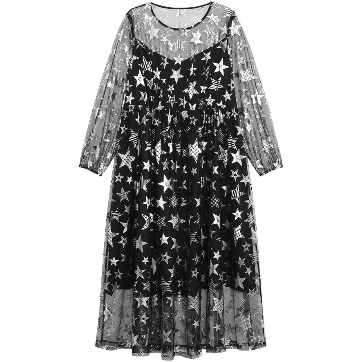 Plus Size Christmas Star Mesh Patchwork Lantern Sleeve Dress Black Women Party Elastic cuffs Round Neck Long Sleeve Curvy Midi Dress BloomChic 12/L Product Image