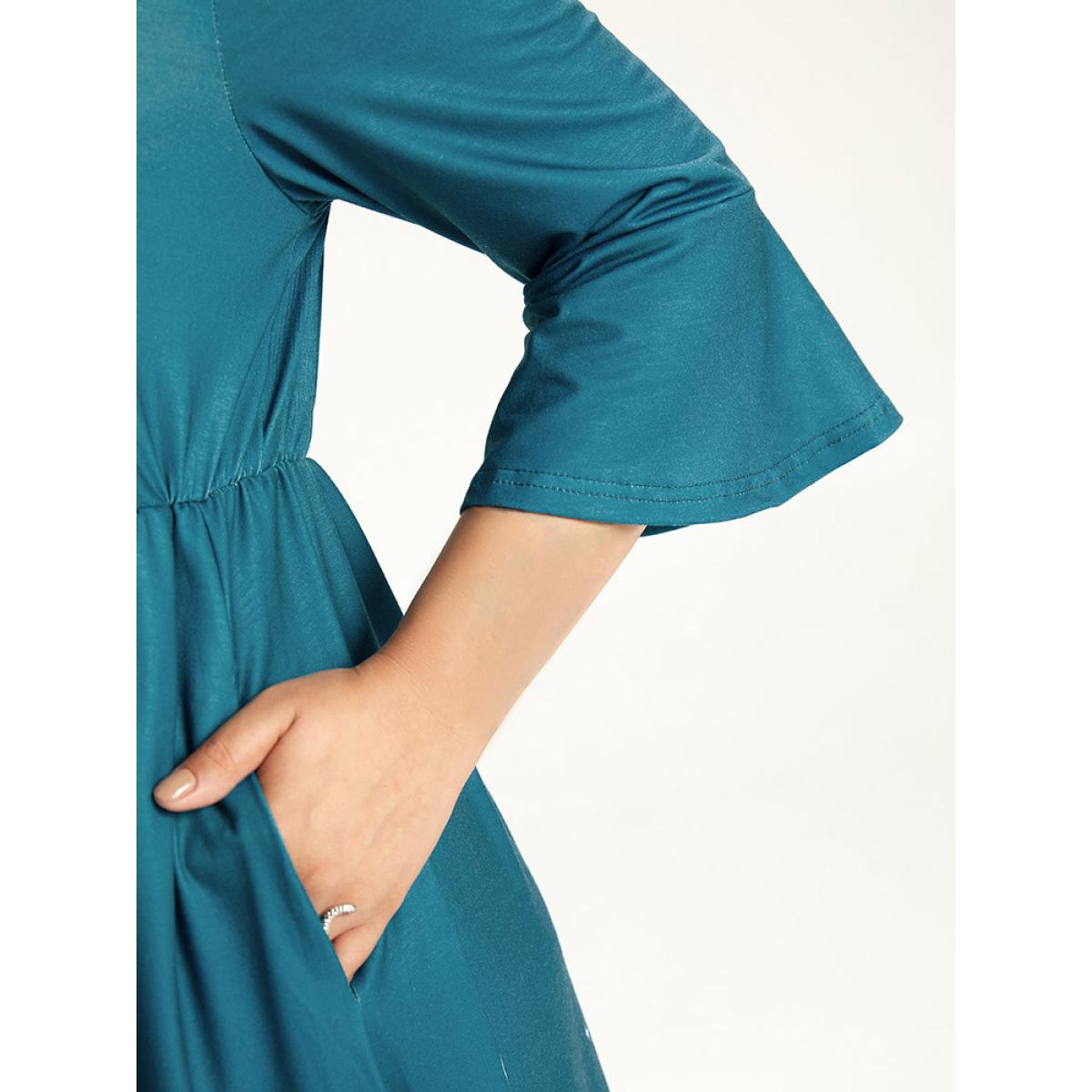 Plus Size Halloween Graphic Pocket Ruffle Trim Gathered Dress Emerald Women Casual Printed V-neck Elbow-length sleeve Curvy Midi Dress BloomChic 10/M Product Image