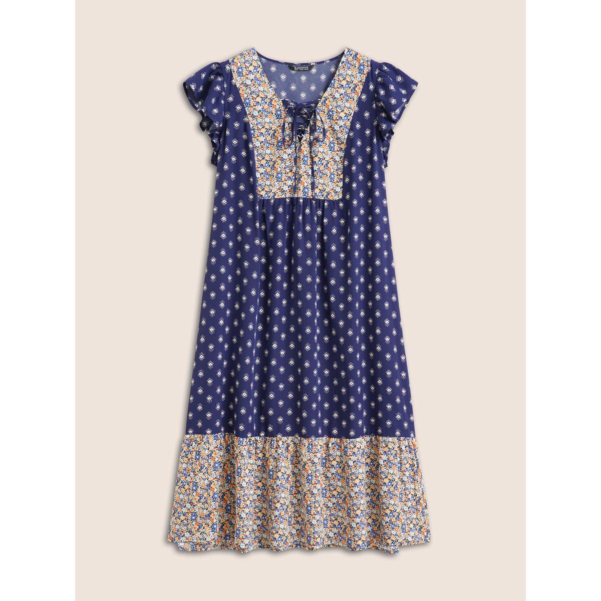 Plus Size Boho Print Ruffle Cap Sleeve Lace Up Dress DarkBlue Women Resort Non V-neck Cap Sleeve Curvy Midi Dress BloomChic 18-20/2X Product Image