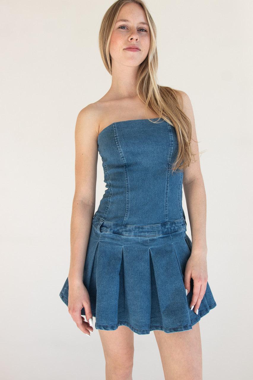 Strapless Denim Pleated Mini Dress Product Image