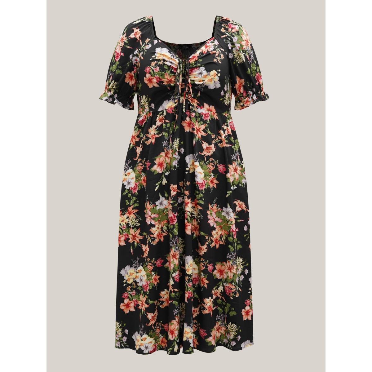 Plus Size Sweetheart Neckline Drawstring Floral Midi Dress Black Women Elegant Drawstring Heart neckline Half Sleeve Curvy BloomChic 14-16/1X Product Image