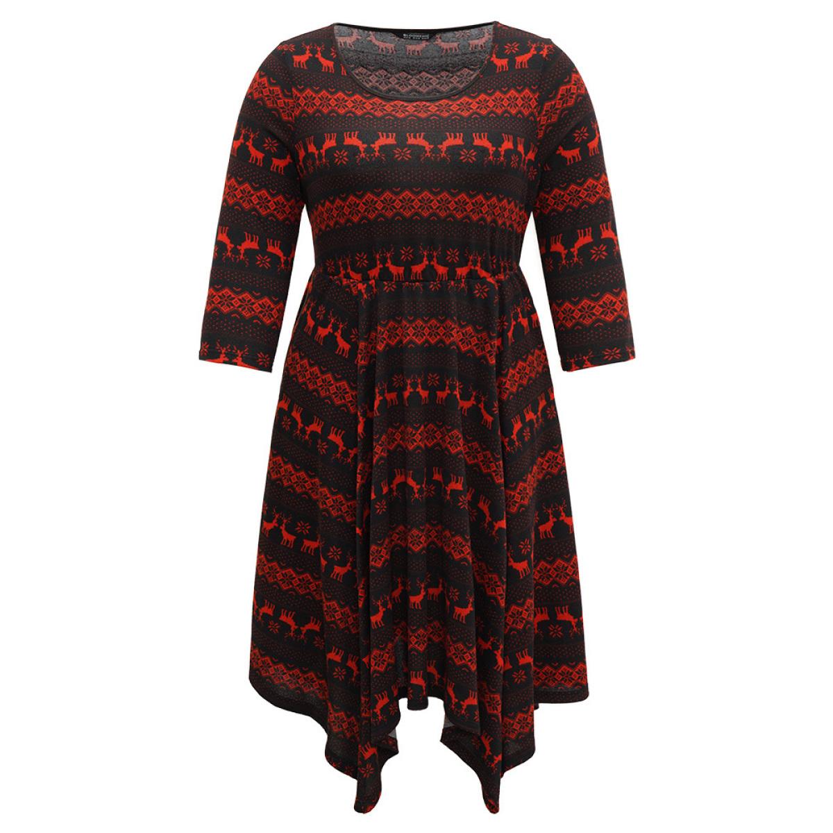 Plus Size Christmas Elk Elastic Waist Hanky Hem Dress Scarlet Women Casual Printed Round Neck Elbow-length sleeve Curvy Midi Dress BloomChic 18-20/2X Product Image