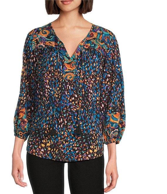 Westbound Petite Size Woven Multi Fanned Florish Elbow V-Neck Tie Blouse Product Image