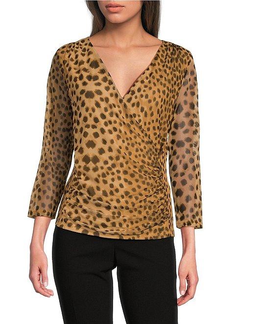 DKNY by Donna Karan Animal Printed Mesh 3/4 Sleeve Faux Wrap Top Product Image
