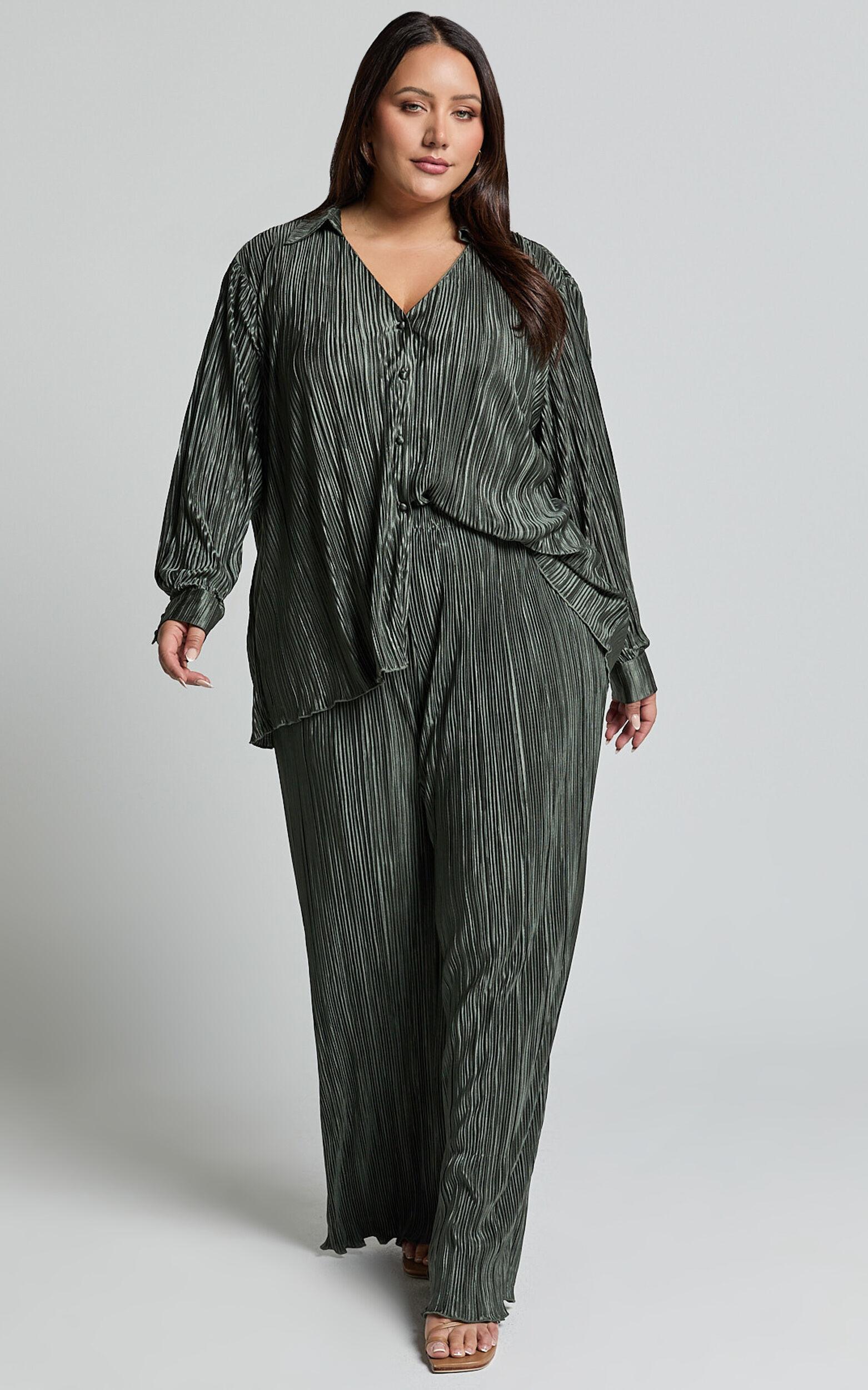 Beca Pants - High Waisted Plisse Flared Pants in Olive Product Image