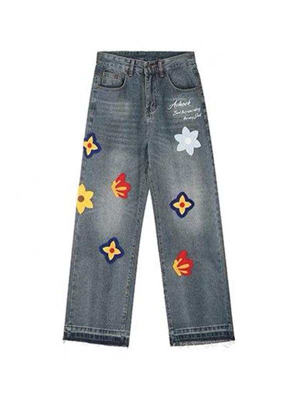 Vintage Flower Embroidered Print Boyfriend Jeans Product Image