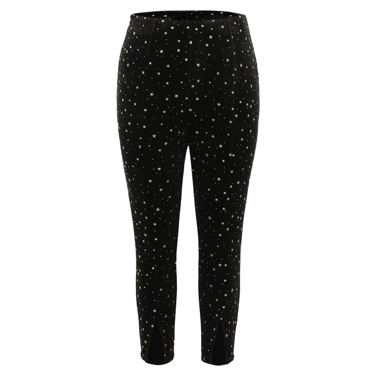 Plus Size Star Glitter Split Hem High Rise Skinny Leggings Women Black Glamour High stretch Skinny High Rise Party Leggings BloomChic 10/M Product Image