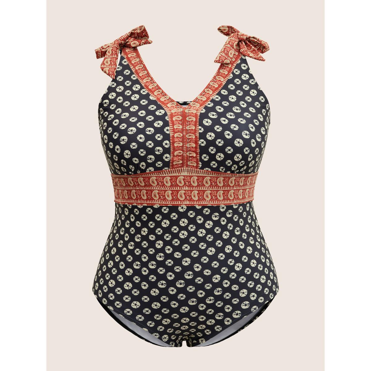 Plus Size Bandana Print Two Tone Knotted One Piece Swimsuit Women's Swimwear Black Beach Non Curve Bathing Suits No stretch One Pieces BloomChic 10/M Product Image