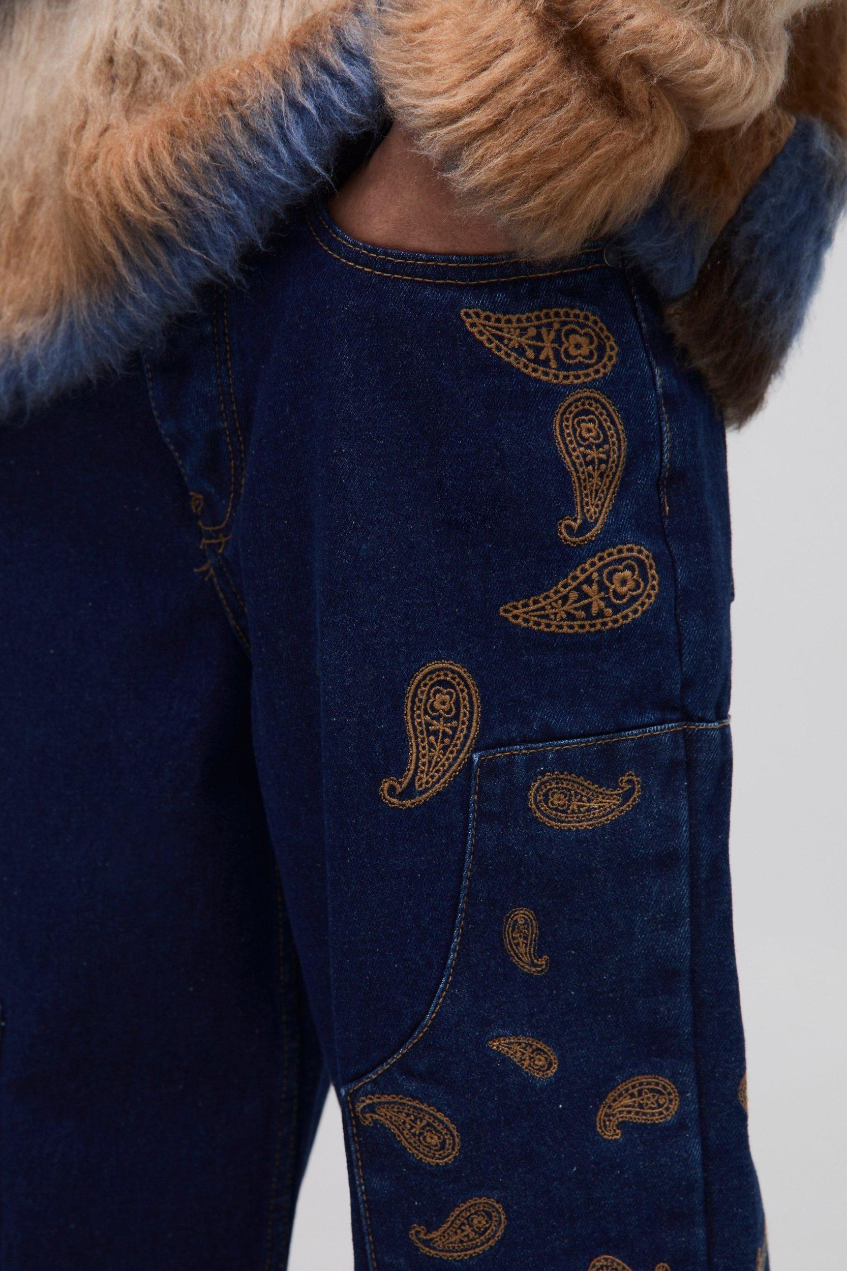 Relaxed Fit Paisley Embroidered Jeans | boohooMAN USA Product Image