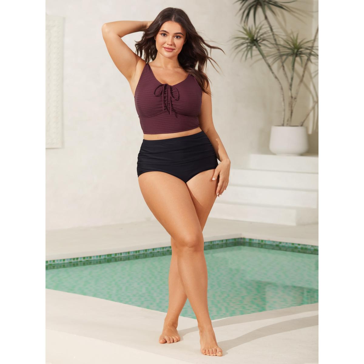 Plus Size Adjustable Drawstring Scoop Neck Swim Top Women's Swimwear Deepred Resort Drawstring High stretch Skinny U-neck Curve Swim Tops BloomChic 22-24/3X Product Image