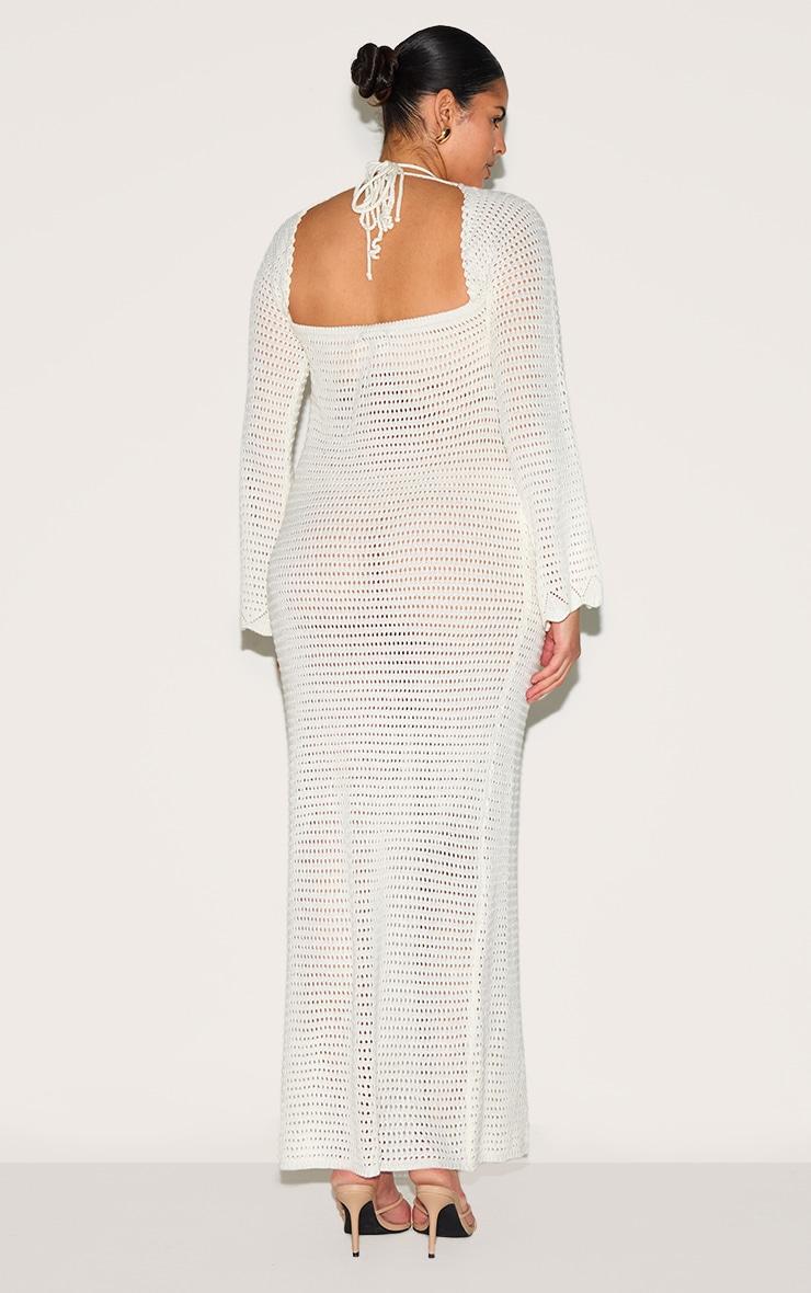 Plus Ecru Flower Applique Long Sleeve Crochet Maxi Dress Product Image