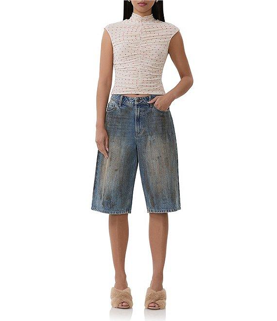 AFRM Jolie Dot Print Mesh Knit Ruched Mock Neck Short Sleeve Top Product Image