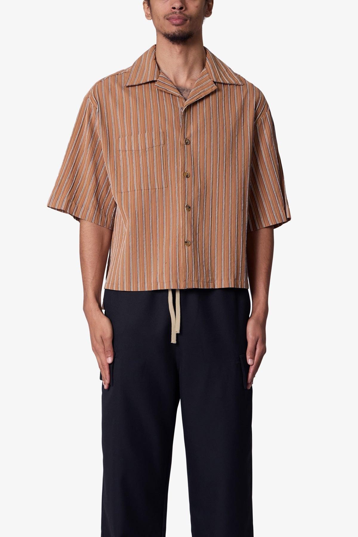 Striped Woven Cropped Shirt - Brown Product Image