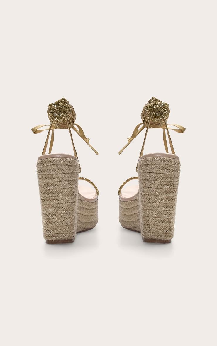 Gold Pu Round Toe Diamante Strappy Heeled Wedges Product Image
