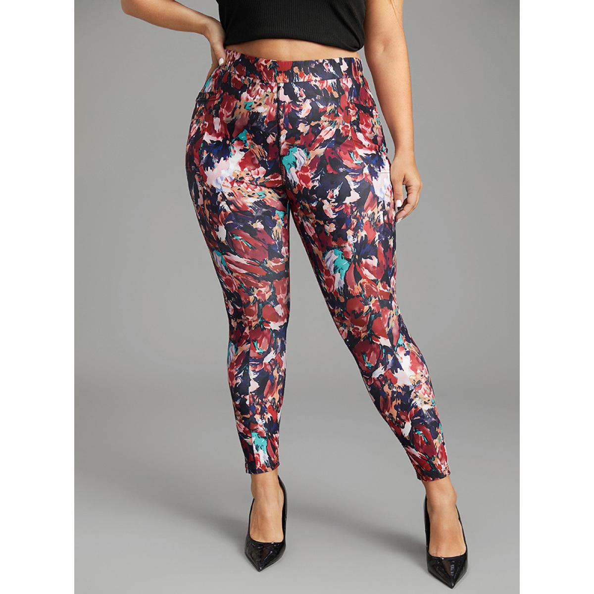 Plus Size Pixel Flower Pocket Elastic Waist High Rise Leggings Women Multicolor Casual High stretch Skinny High Rise Everyday Leggings BloomChic 28/5X Product Image