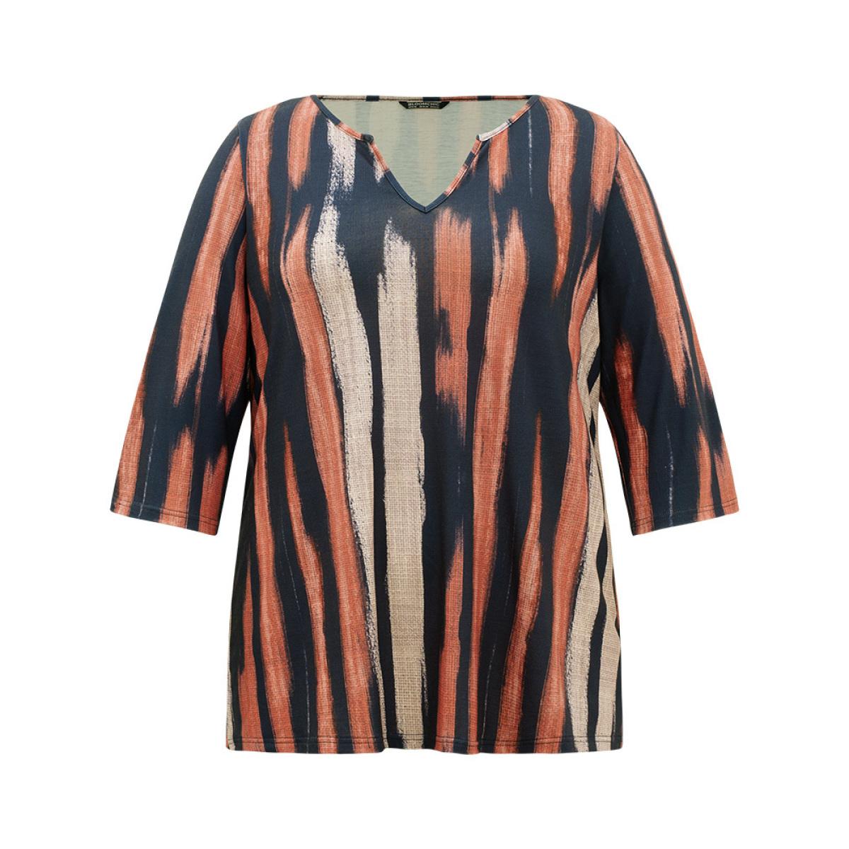 Plus Size Brush Print Notched Three Quater Length Sleeve T-shirt Multicolor Women Casual Printed Colorblock Notched collar Dailywear T-shirts BloomChic 10/M Product Image