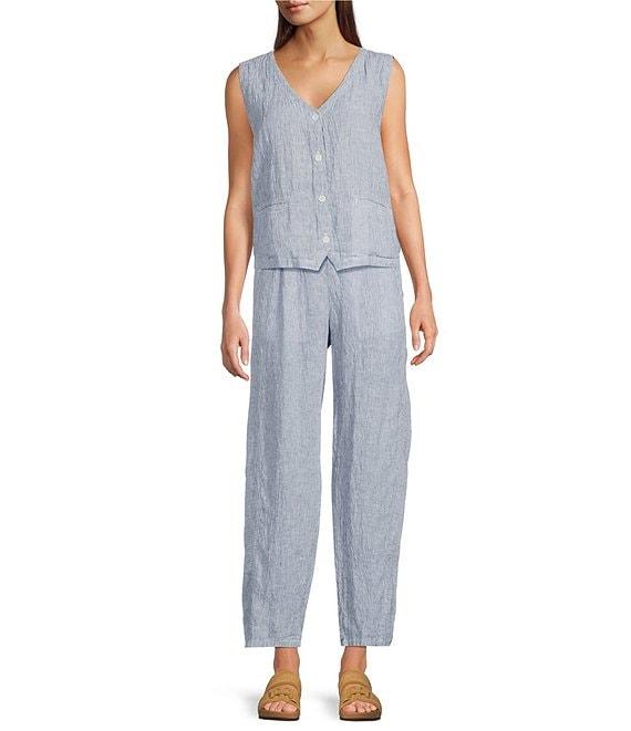 Eileen Fisher Puckered Organic Linen Yarn-Dyed Stripe Elastic Waist Pull-On Pants Product Image