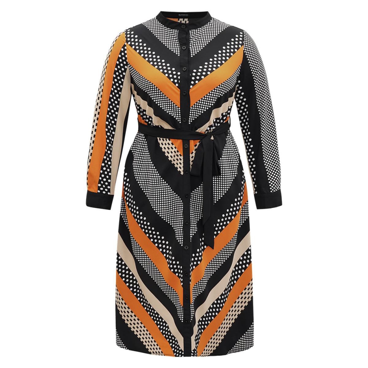 Plus Size Polka Dot Striped Belted Button Through Dress Orange Women At the Office Belted Mock Neck Long Sleeve Curvy Midi Dress BloomChic 28/5X Product Image