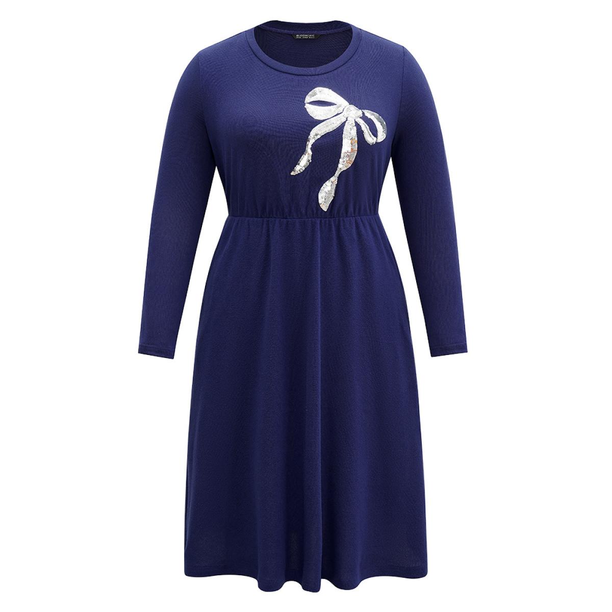 Plus Size Bowknot Sequin Pocket Crew Neck Dress DarkBlue Women Elegant Sequin Round Neck Long Sleeve Curvy Midi Dress BloomChic 18-20/2X Product Image
