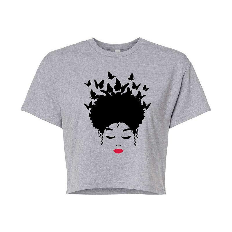 Juniors' Woman of Color Black Butterfly Hair Cropped Tee, Girl's,  Product Image