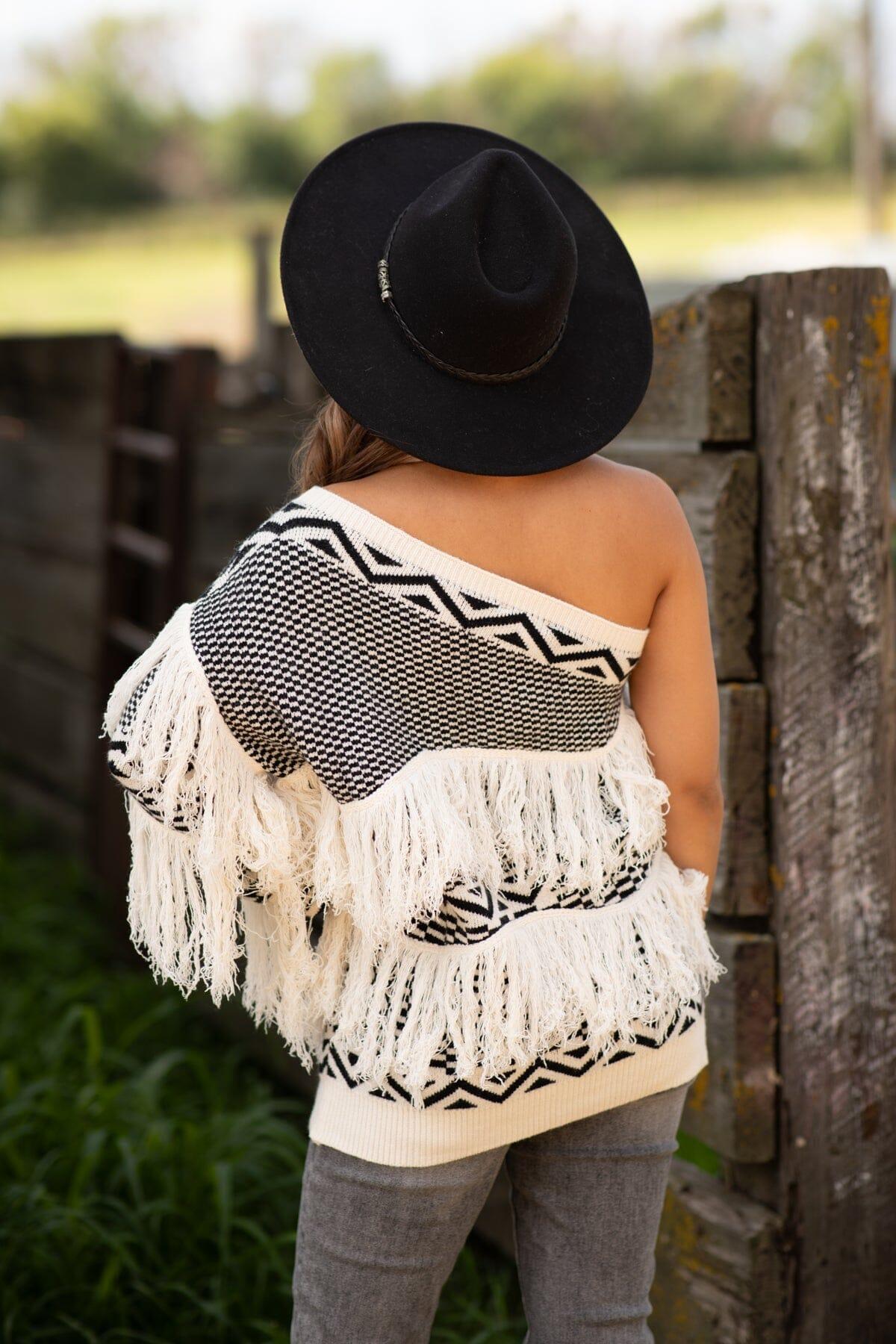 Ivory One Shoulder Sweater With Fringe Product Image