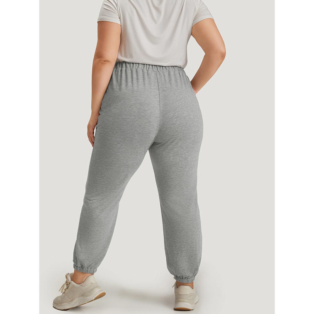 Solid Patched Slant Pocket High Rise Sweatpants Gray Plus Size Women Casual Dailywear Pocket 30/6X Bloomchic Product Image