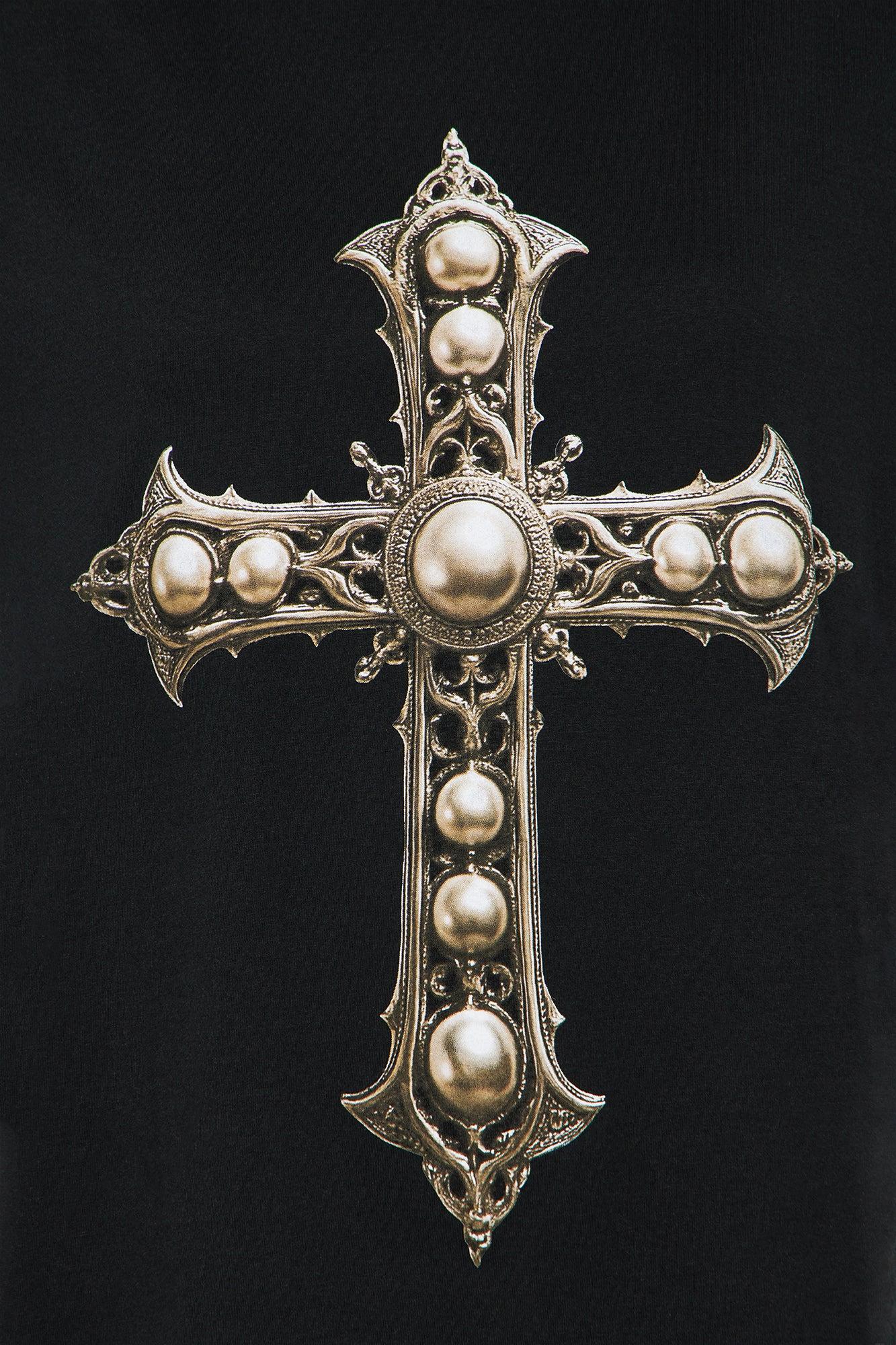Gothic Cross With Pearls Tee - Black Female Product Image