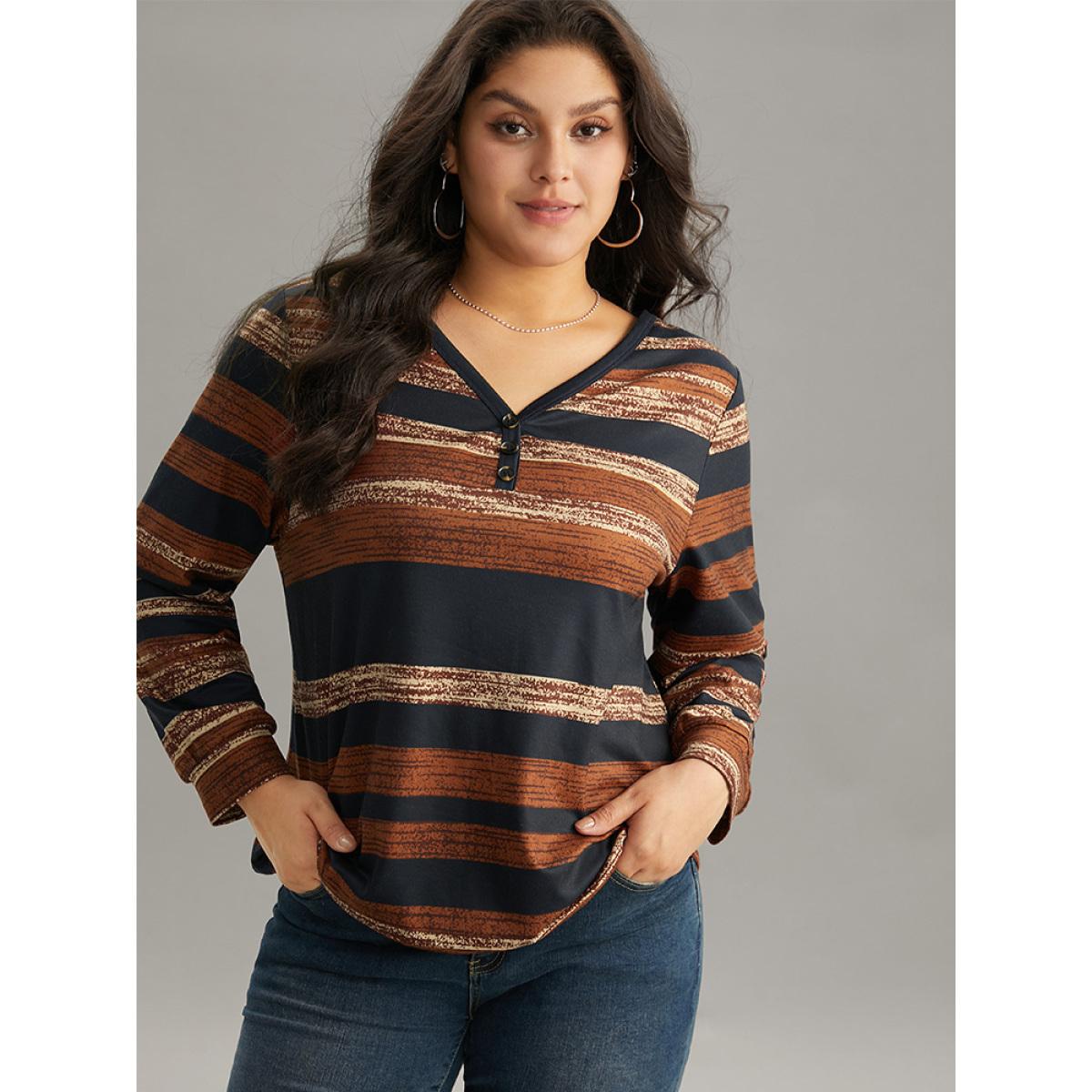 Plus Size Colour Striped Button Up Sweatshirt Women Multicolor Elegant Contrast V-neck Dailywear Sweatshirts BloomChic 30/6X Product Image