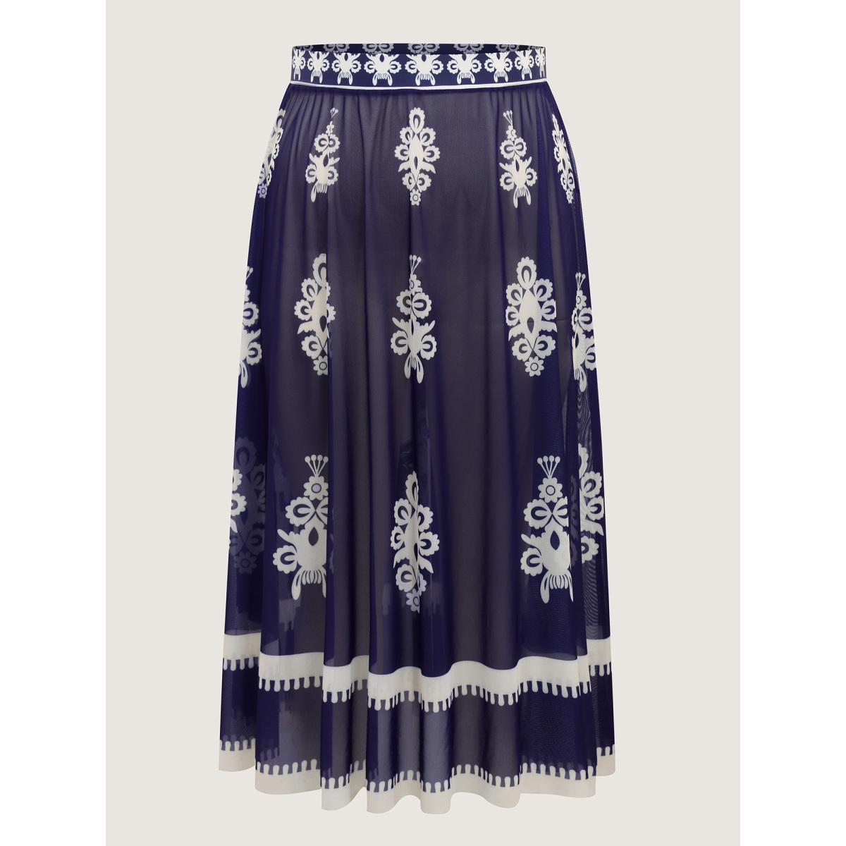 Plus Size Two-Piece Boho Print Sarong Swimsuit Women's Swimwear Indigo Resort Contrast Curve Bathing Suits High stretch One Pieces BloomChic 26/4X Product Image