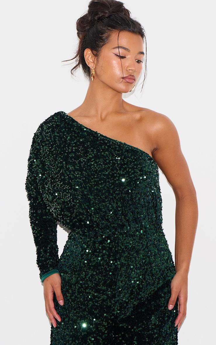 Emerald Green Velvet Sequin One Shoulder Wide Leg Jumpsuit Product Image