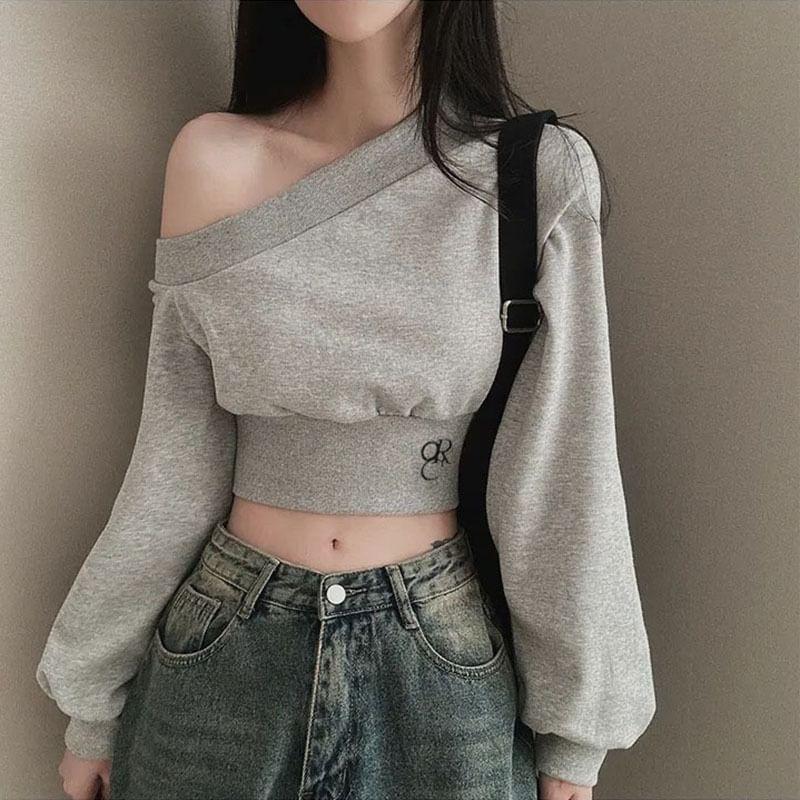 Puff Sleeve Cold-Shoulder Plain Crop Sweatshirt Product Image