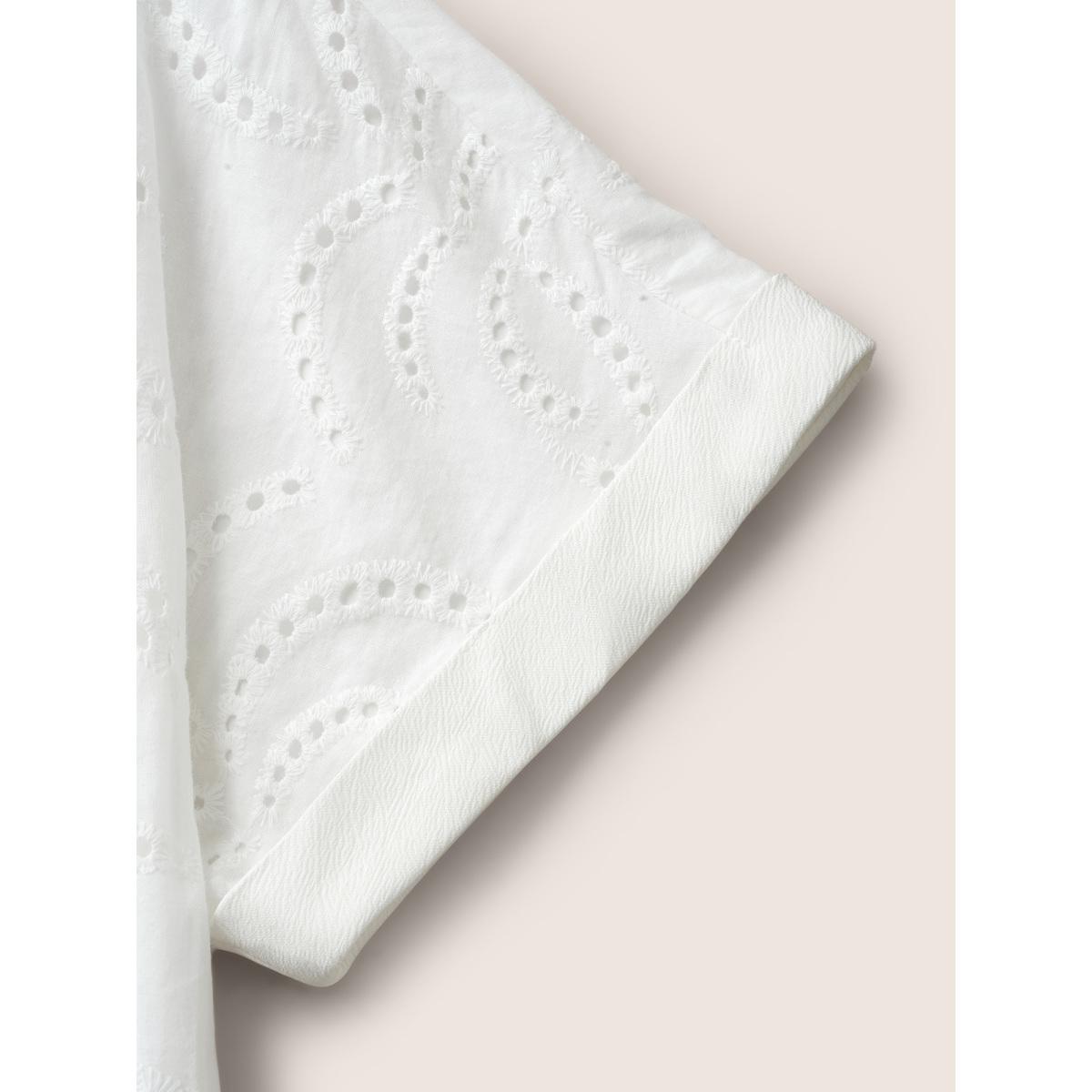 Plus Size Broderie Anglaise Shirt Collar Belted Dress Originalwhite Women Work From Home Belted Shirt collar Short sleeve Curvy BloomChic 22-24/3X Product Image