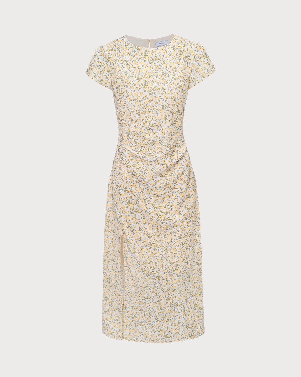 The Yellow Round Neck Floral Midi Dress Product Image