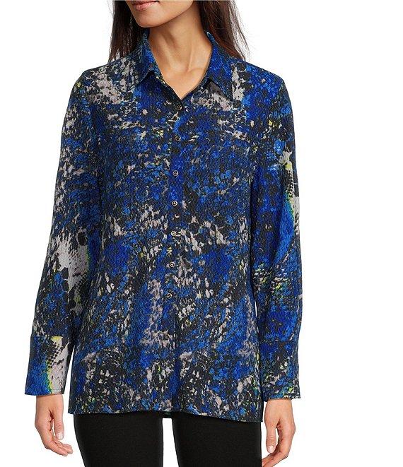 Calessa Textured Crinkle Animal Print Point Collar Long Sleeve Button-Front Tunic Product Image