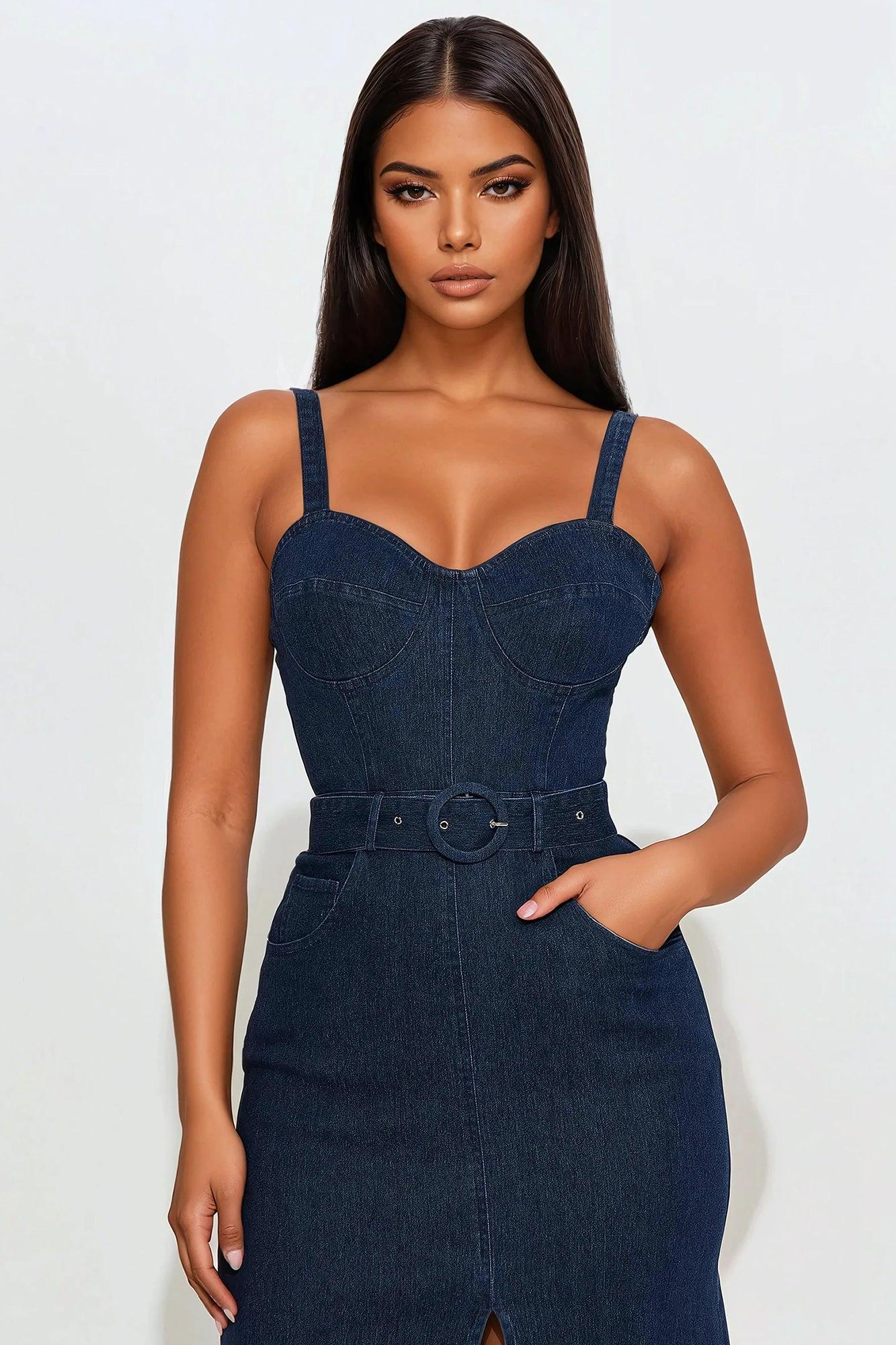 Sade Belted Denim Midi Dress - Dark Wash Product Image