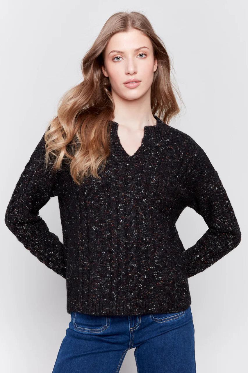 Speckled Yarn Cable Knit Sweater - Black Product Image
