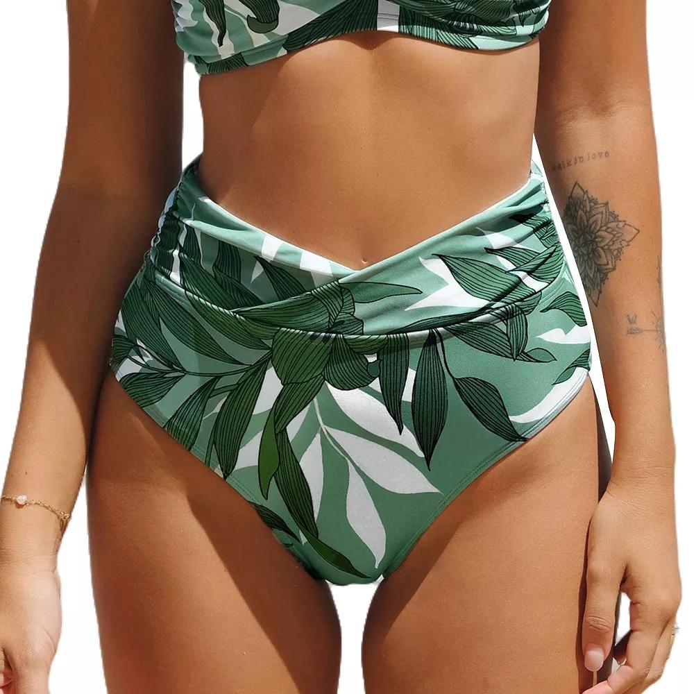 Women's Cupshe Shirred Overlap High Waist Bikini Bottoms, Size: Medium, Green Palm Product Image